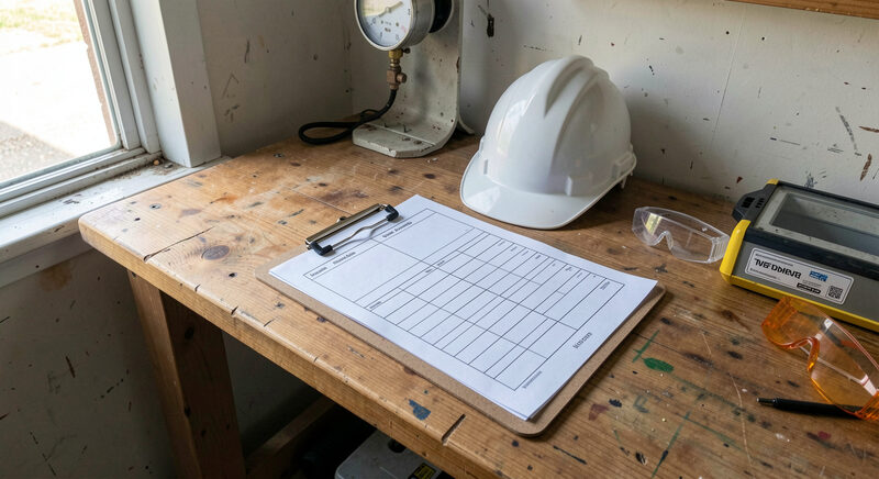 A small workshop bench with a clipboard of blank forms, a hard hat, safety glasses and an industrial meter on the wall.