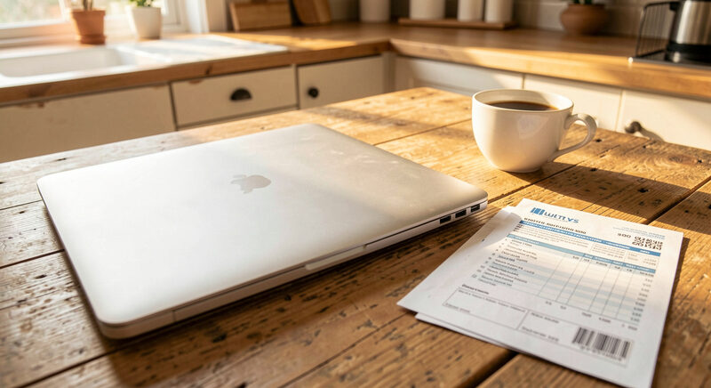 A closed laptop seen from behind on a wooden kitchen table beside a utility bill and a cup of coffee in morning light.