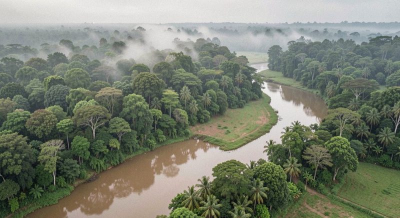An aerial view of a tropical forest edge where dense green canopy meets cleared pasture, a winding brown river and low morning mist over the trees