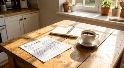 A sunlit kitchen table with a utility bill seen face down, a notebook of blank pages and a cup of coffee