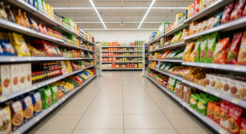 A supermarket aisle seen from a distance with shelves of unbranded produce and shallow depth of field.