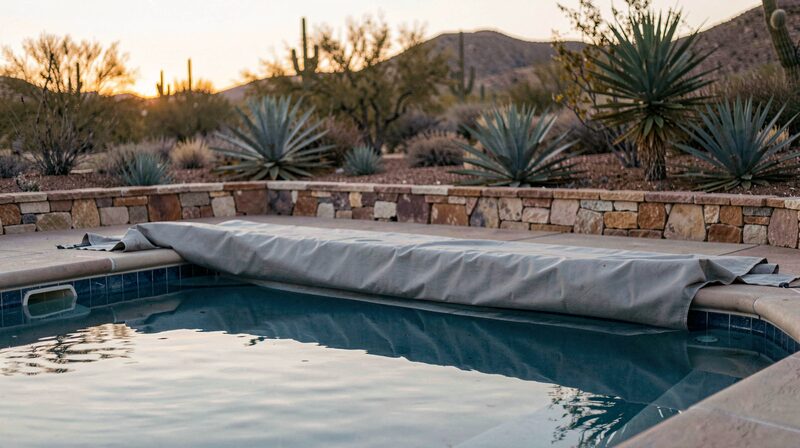 A backyard swimming pool at dusk with a pale grey cover rolled back over half of the water, a low stone wall and a dry desert garden with agave beyond
