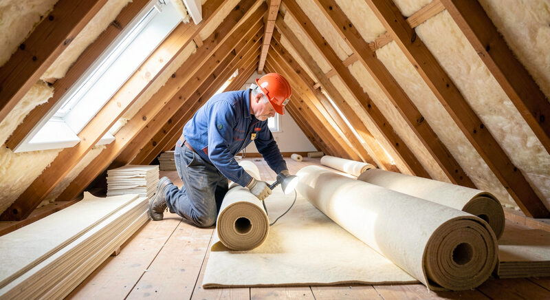 A technician fitting loft insulation in a bright attic with rolls of material and a work lamp.